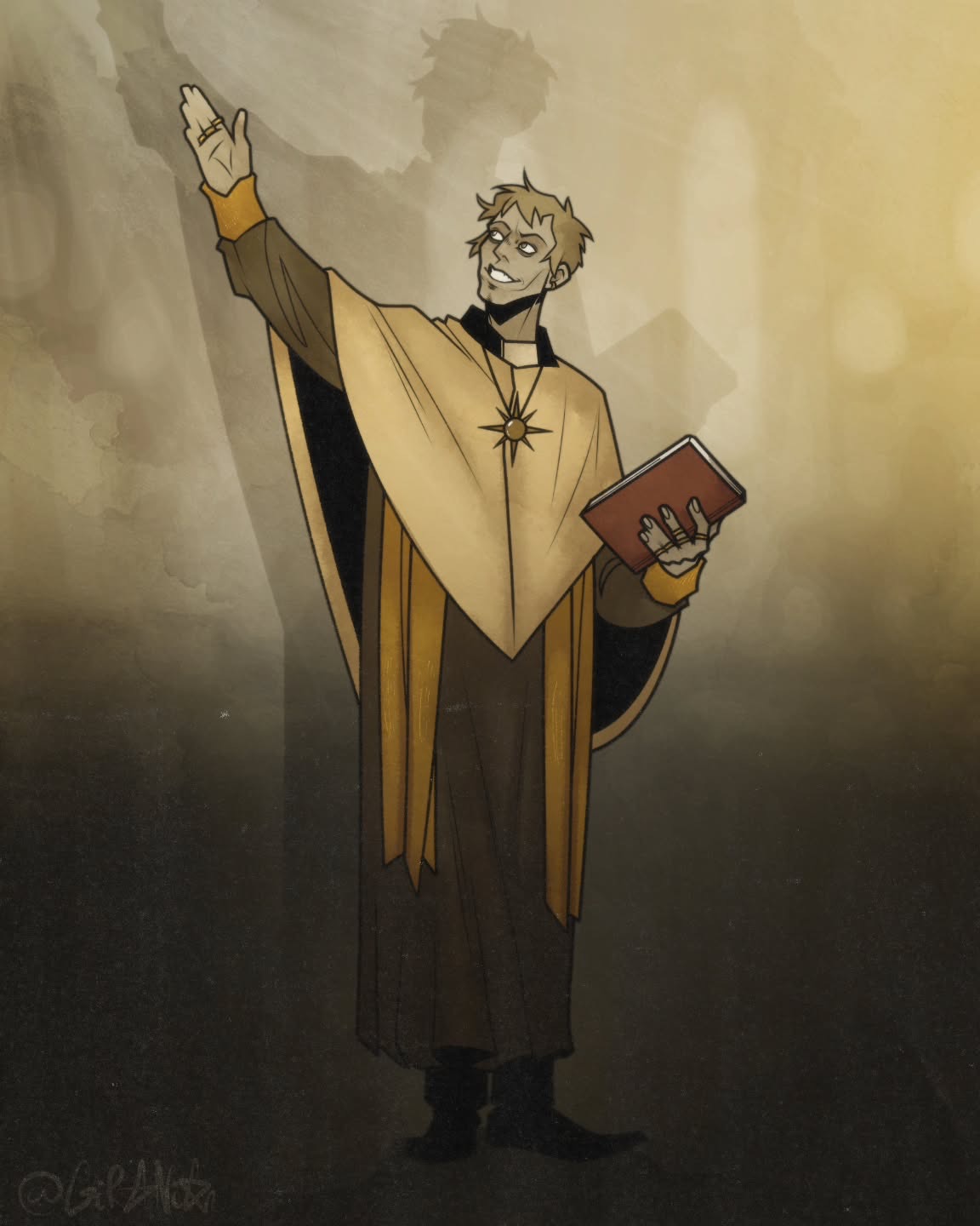 A robed figure with one arm outstretched, mid-cast