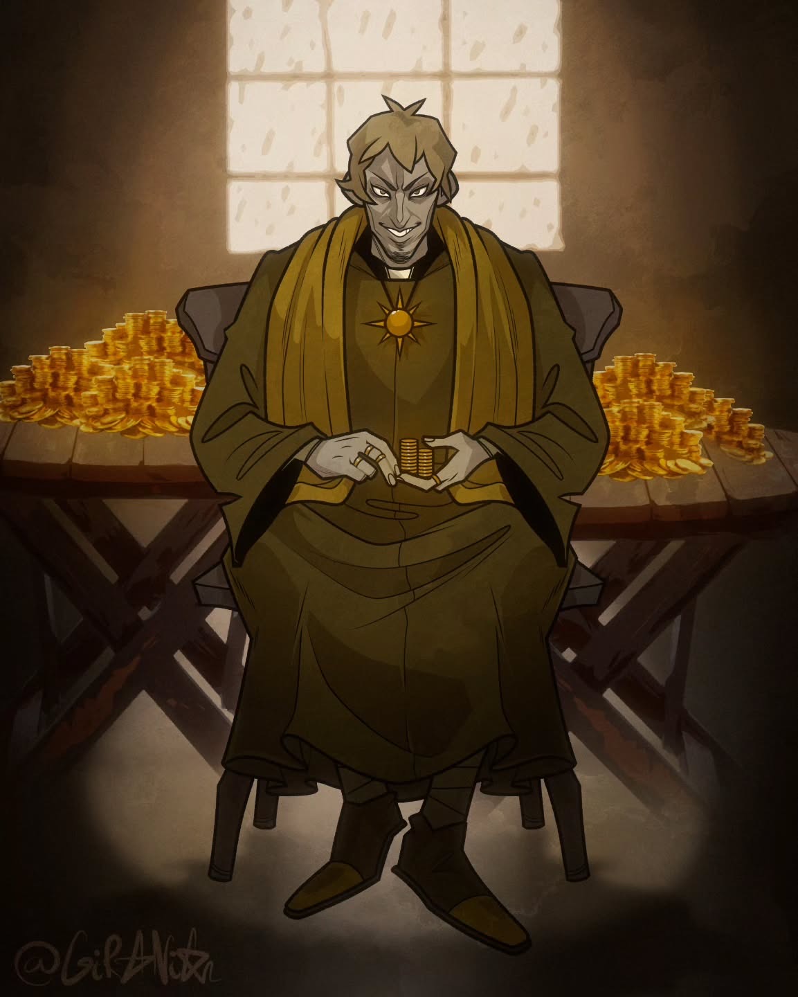 A robed figure counting stacks of gold coins at a long table
