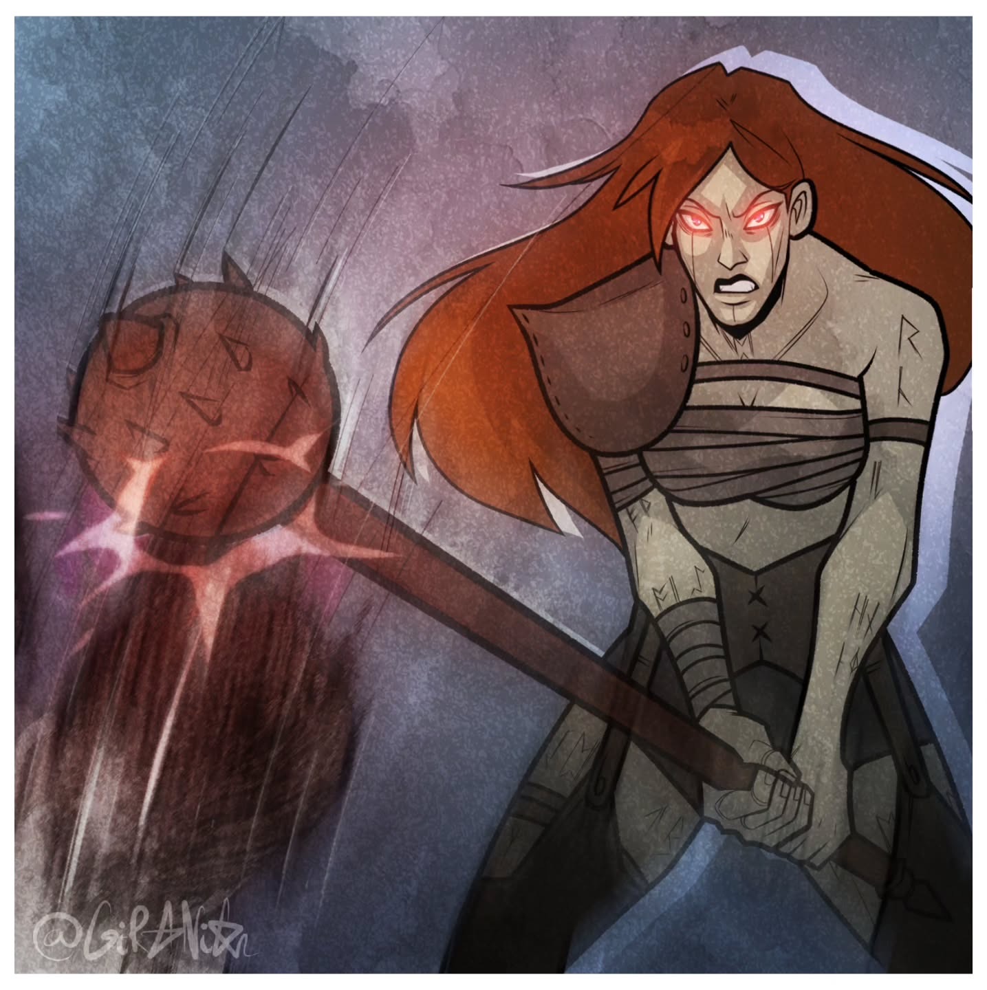 A rune-marked warrior swinging a glowing flail